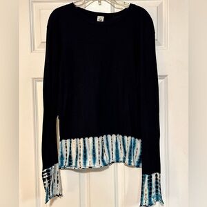 PrAna 100% Cotton Black Long Bell Sleeve White Blue Tie-Dye Raw Hem T-shirt XL